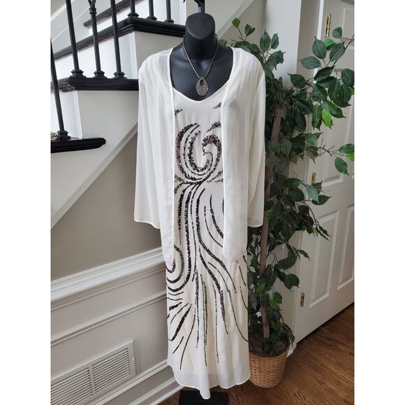 Women Beige Sequin Polyester V-Neck Long Sleeve Maxi & Jacket 2 Piece Suit XXL